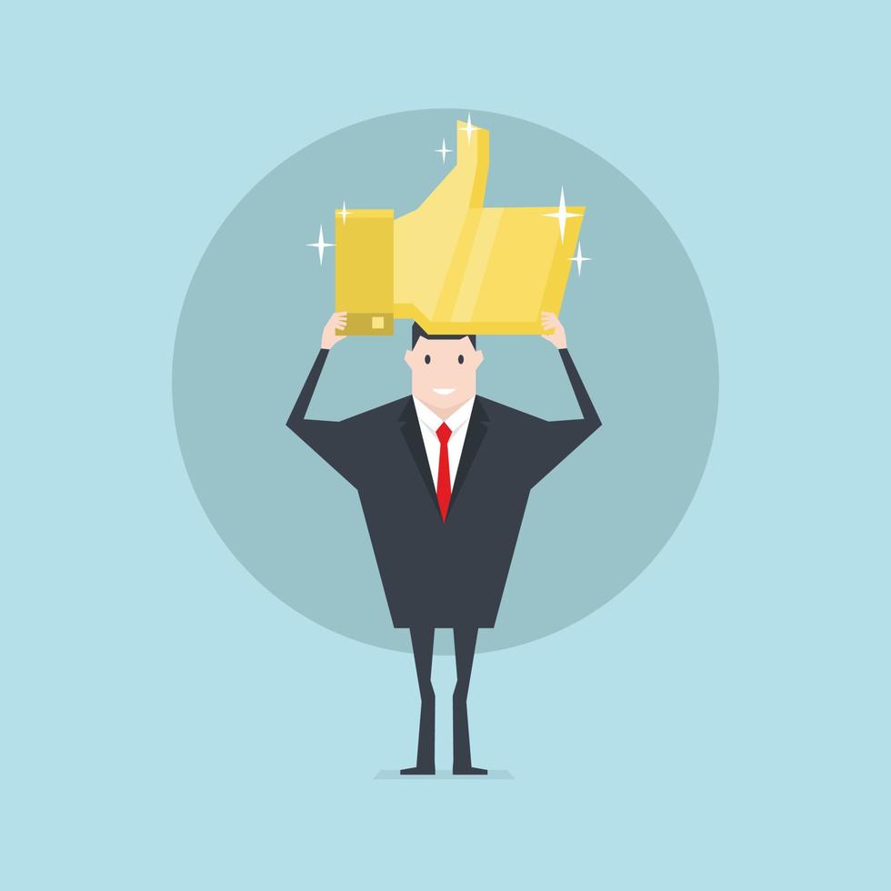 Businessman holding the gold thumbs up sign over head. vector