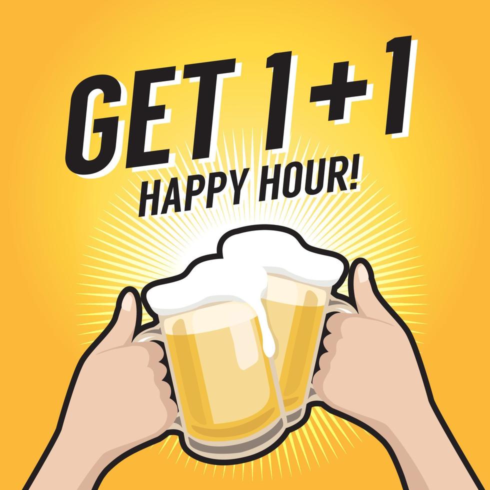 Get One Plus One Happy hour toasting with beer. vector