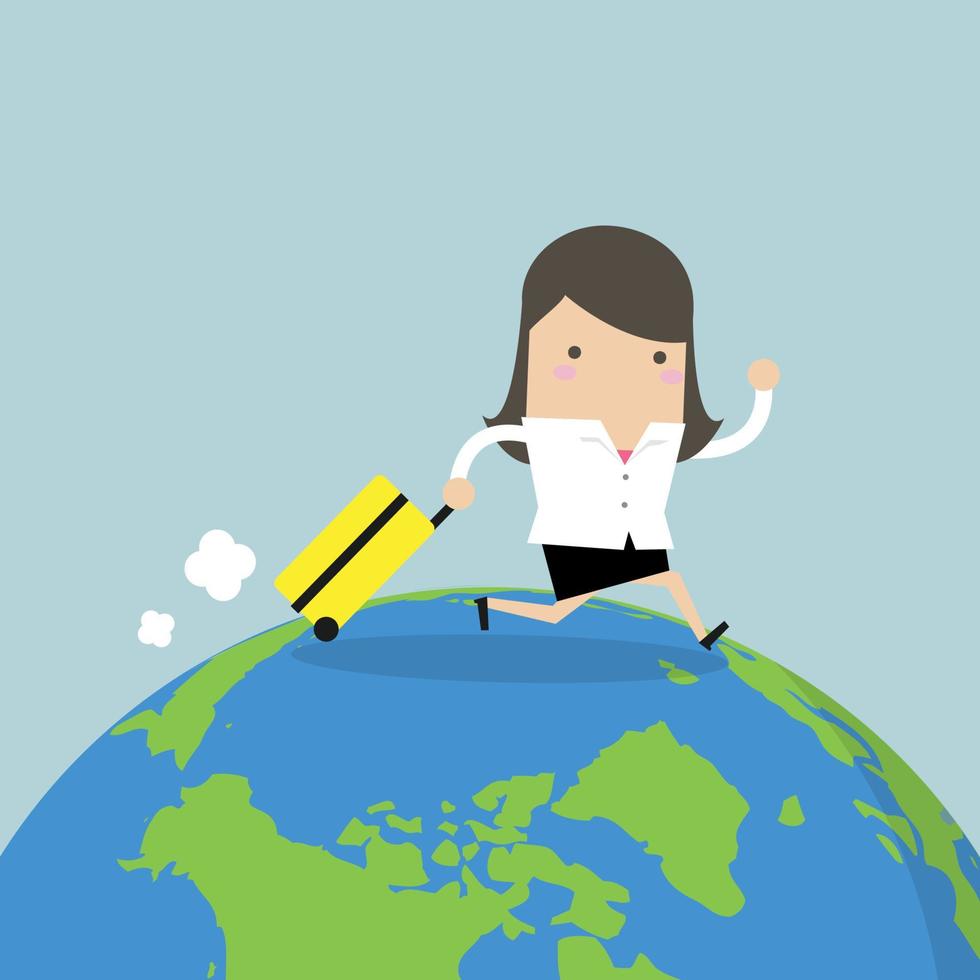 Businesswoman with suitcase walking around the world. vector