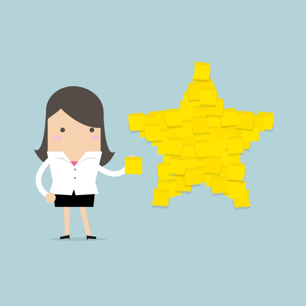 Businesswoman with star shape yellow sticky notes. vector
