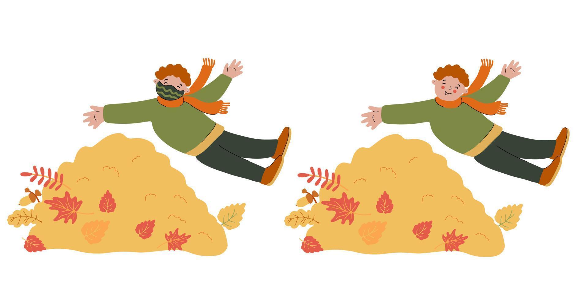 niño jugando con la pila de hojas de otoño vector