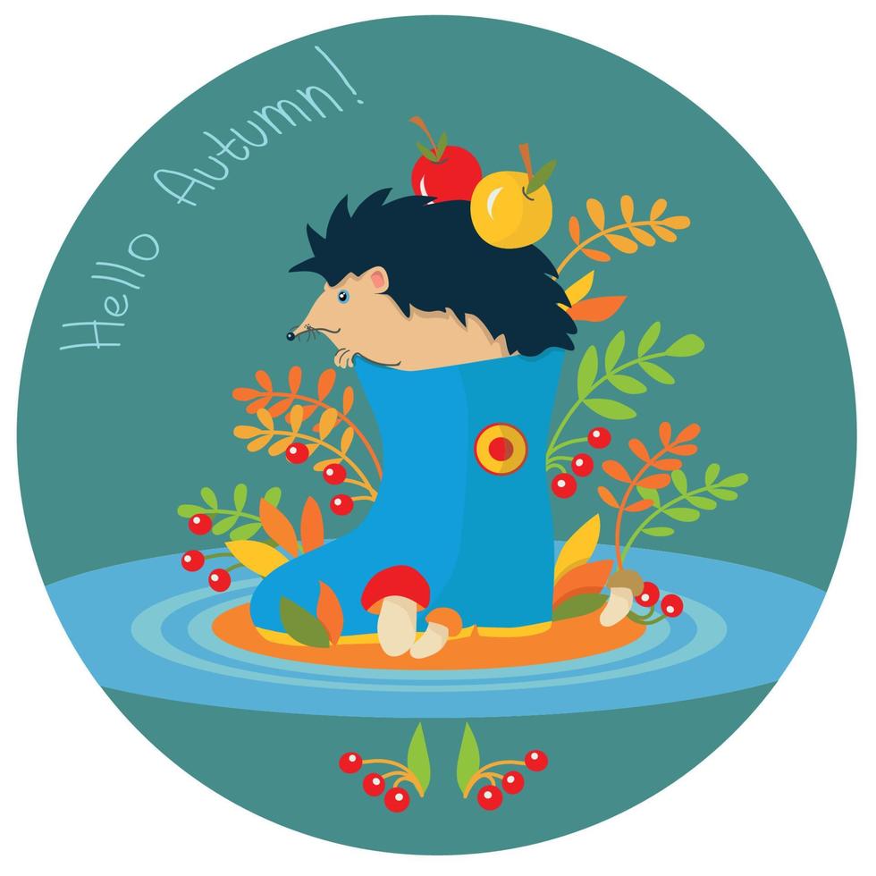 Hello Autumn illustration with hedgehog in a rubber boot vector