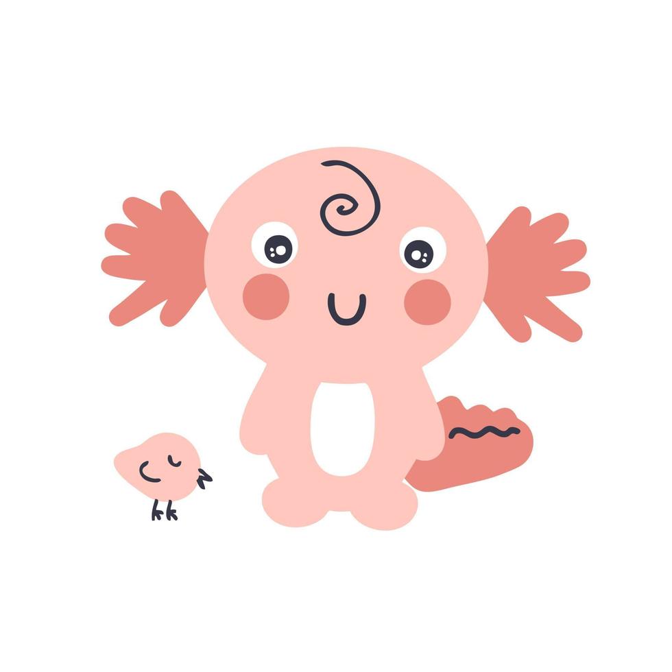 Hand drawn axolotl with small bird. vector