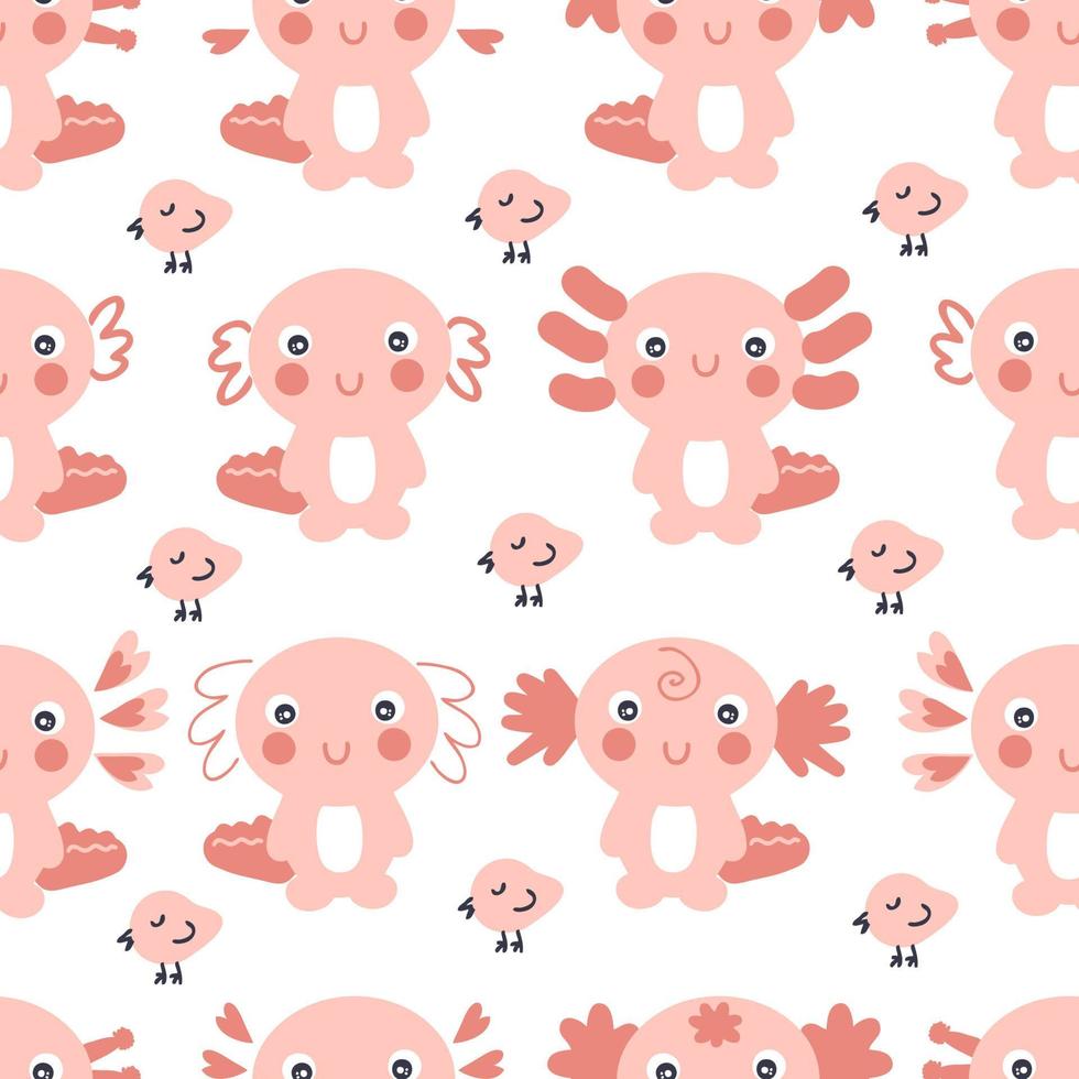 Hand drawn seamless pattern with axolotls and small birds. vector