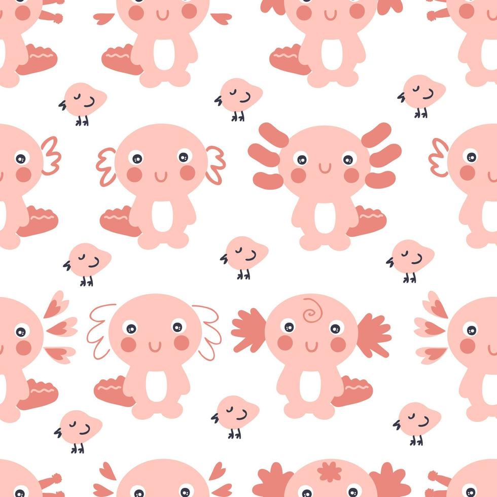 dibujados a mano de patrones sin fisuras con axolotl y pájaros pequeños. vector