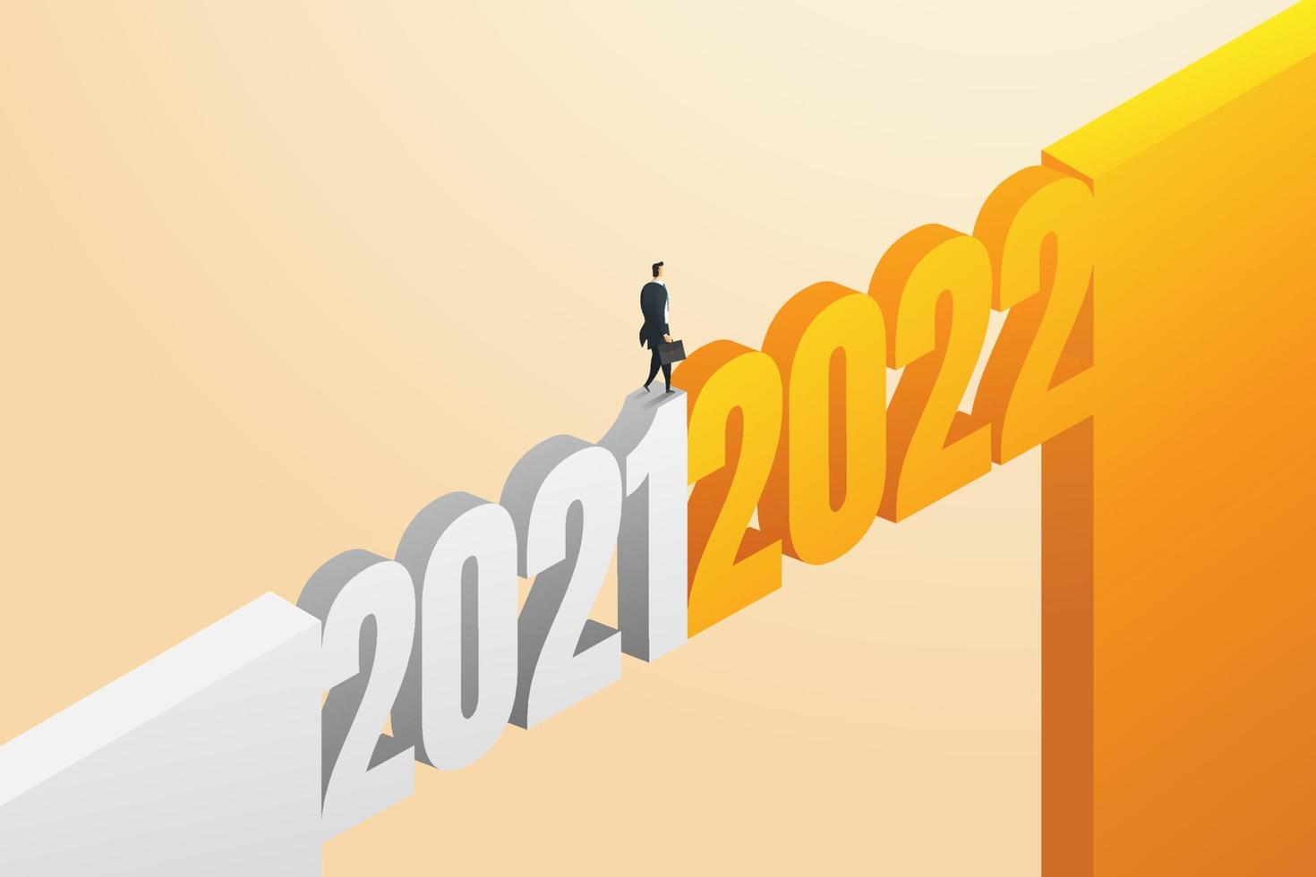 Businessmen cross bridge forward from 2021 to 2022. vector