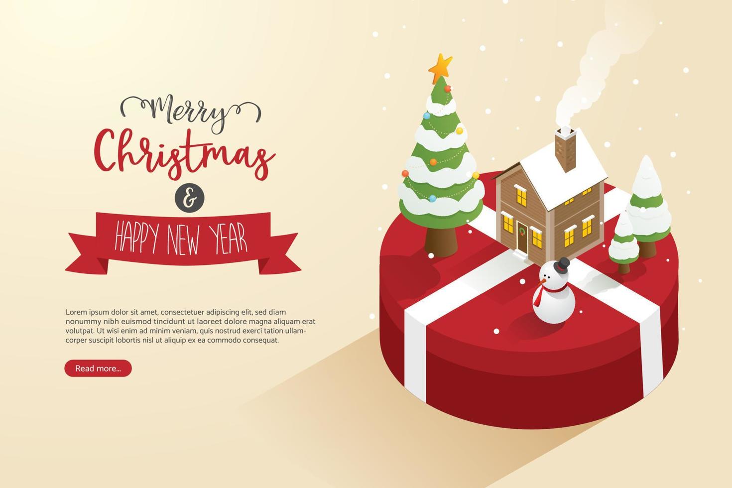 Christmas tree , snowman and house on gift boxes big. vector