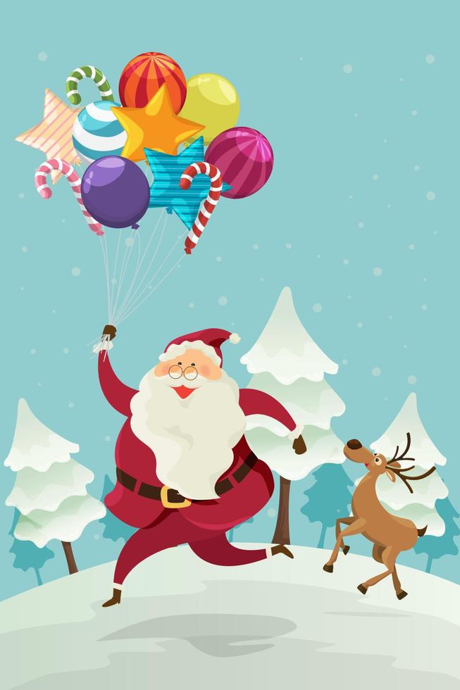 santa claus con renos y globos coloridos. vector