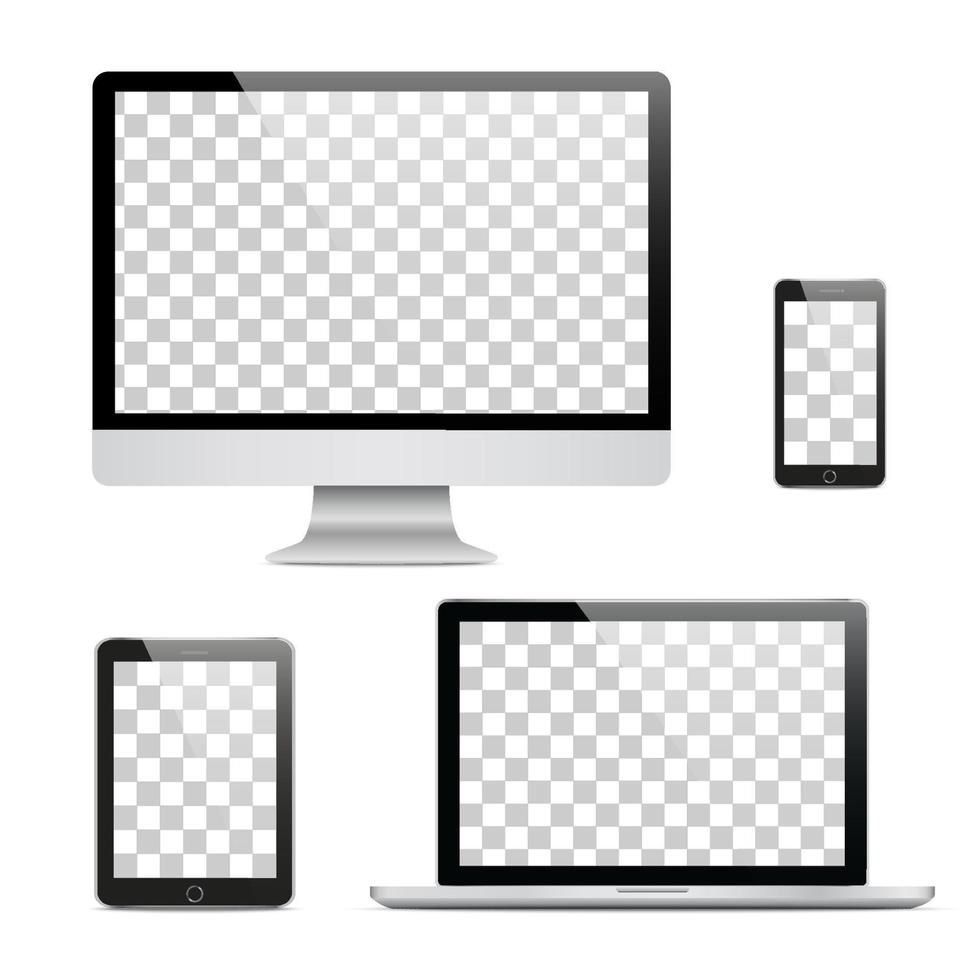 conjunto de monitor de computadora realista, computadora portátil, tableta y teléfono móvil con pantalla transparente aislada. varios aparatos electrónicos modernos sobre fondo aislado. ilustración vectorial eps10 vector