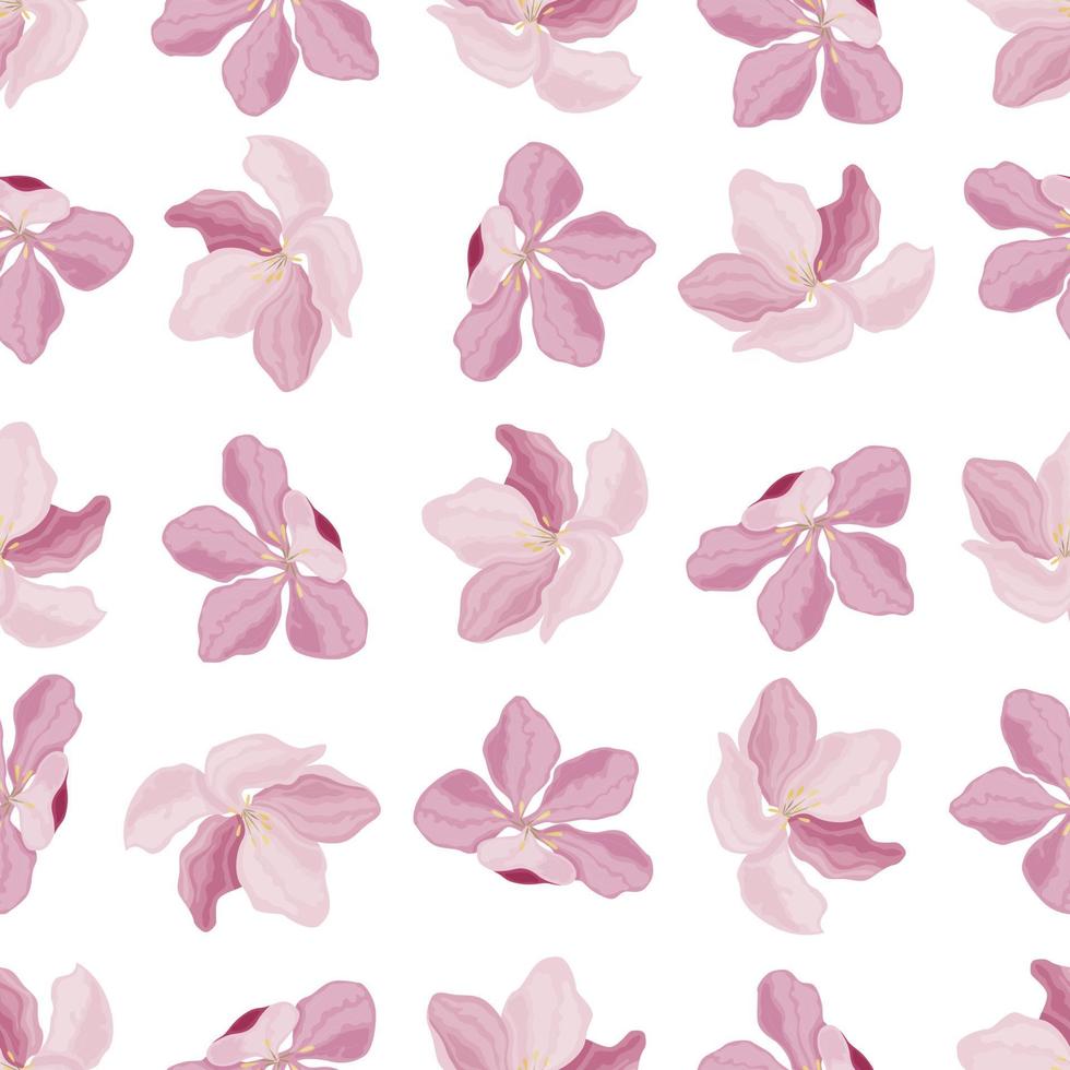 Pink cherry blossoms on a white background. Seamless pattern for textiles and paper. Vector