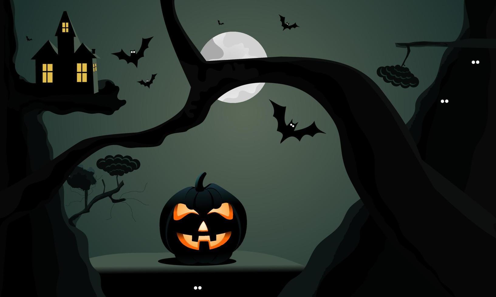 Halloween pumpkin and dark castle or house on of mountain cliff with a bat black fly Moon background. Concept Halloween party background vector illustration.