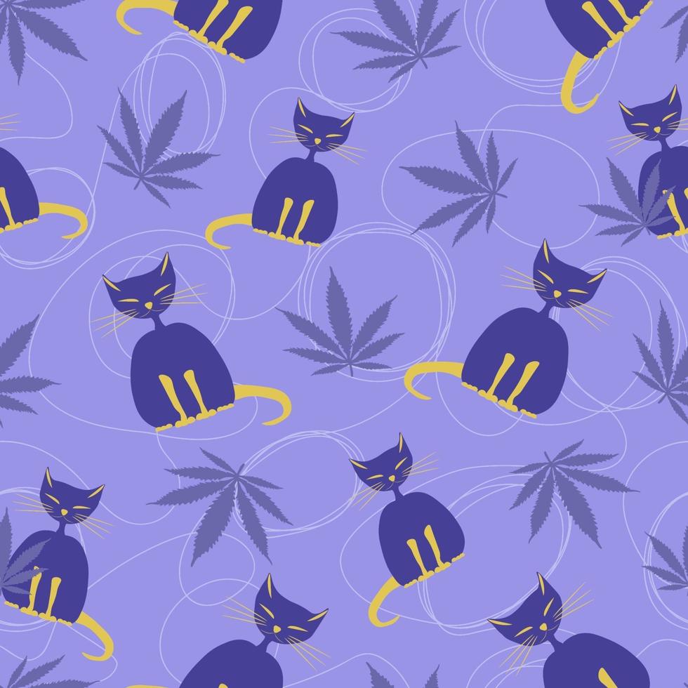 seamless pattern of stylized blueberry-colored sphinx cats and purple hemp leaves on a light purple background with curled continuous lines vector