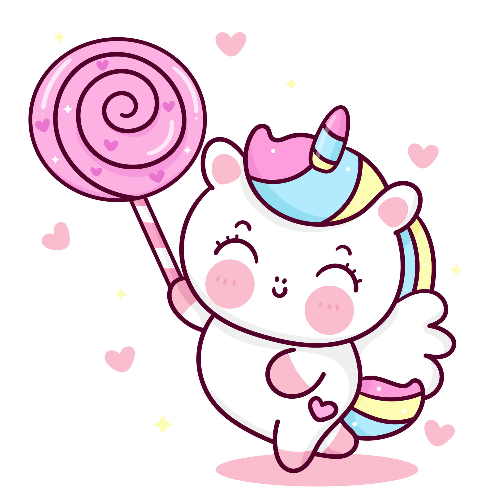 Cute unicorn cartoon kawaii vector holding big candy sweet dessert ...