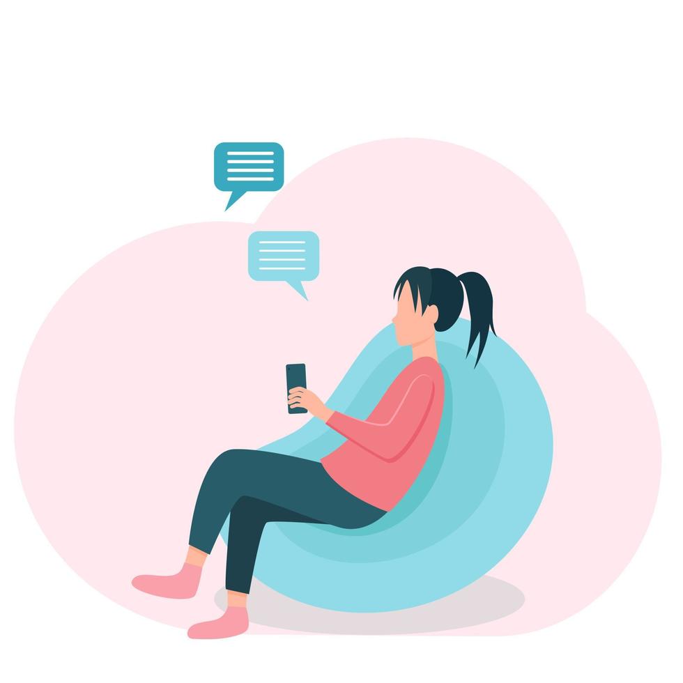 A girl sits on a frameless chair with a phone in her hands vector illustration