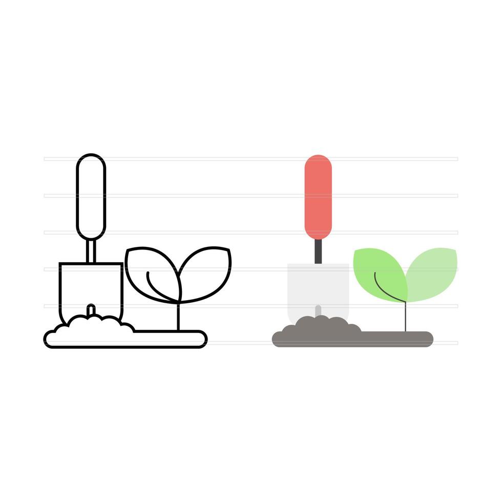 imagen de pala, suelo y plantas. Cuide las plantas en el jardín con estilo de línea y estilo plano adecuado para iconos o logotipos. vector