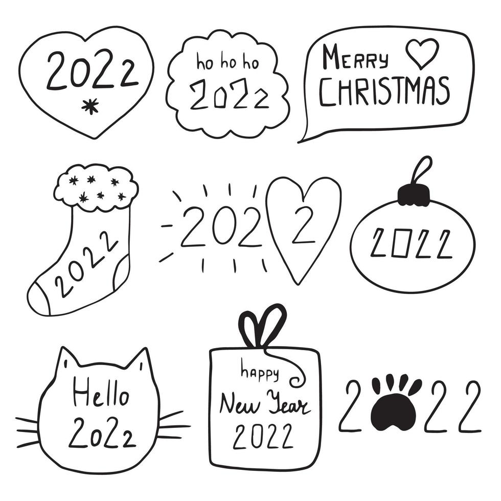 Doodle conjunto de texto dibujado a mano 2022, año nuevo, feliz navidad. vector