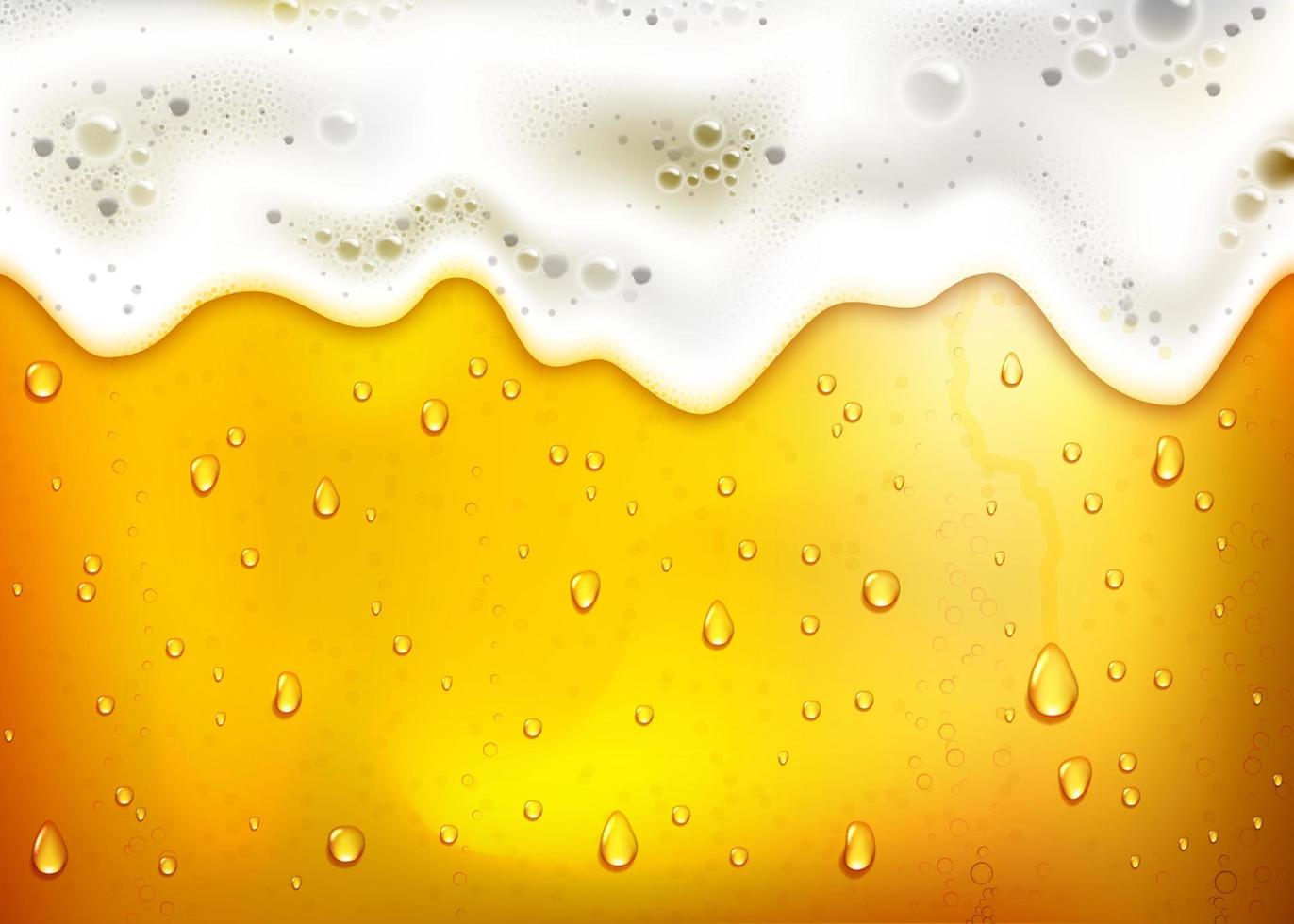 realistic beer background with lush white foam, bubbles and dripping drops vector