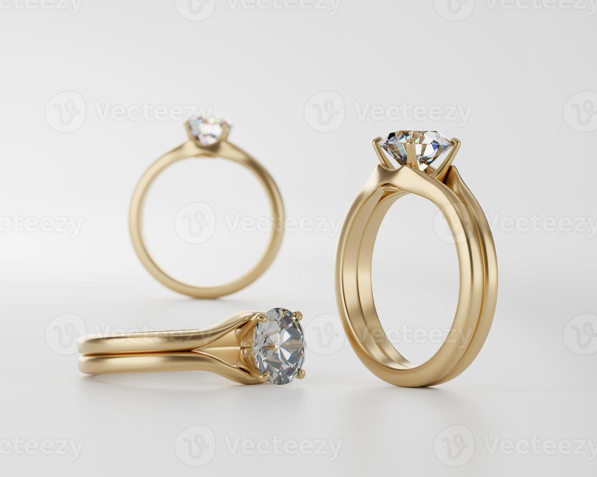 Grupo de anillos de diamantes aislado sobre fondo blanco el enfoque selectivo 3D Render foto