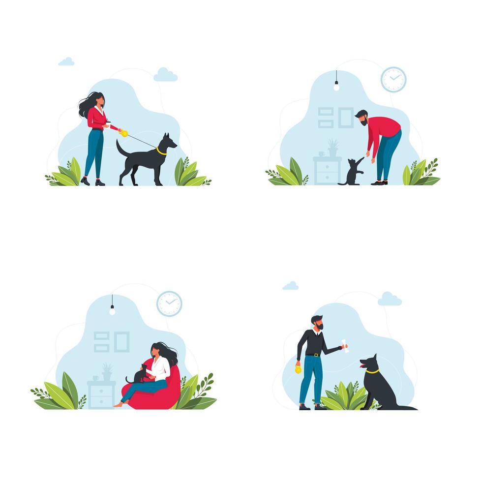 Set Pet owners template. Happy people playing with their domestic animals scenes set. Young people Spend Time at Home. Characters Walking Dogs, Relaxing with Cats. Vector illustration