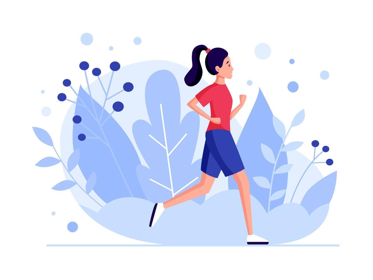 Running woman concept. Active jogging girl design. Banner for marathon, city run, training, cardio exercising. Flat vector illustration.