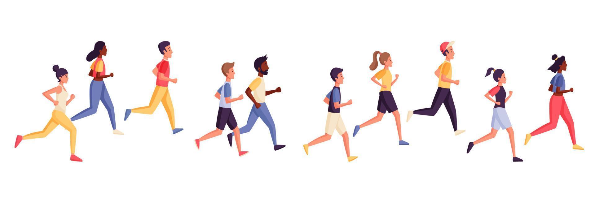 Running people, women, men. Multiracial male and female runners, athletes, sportive people in motion. Group runner race, sport training, marathon, and exercise. Isolated elements on white background. vector