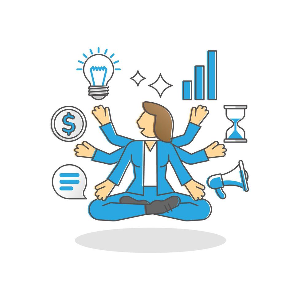 Multitasking business woman as work duties management spot outline concept vector
