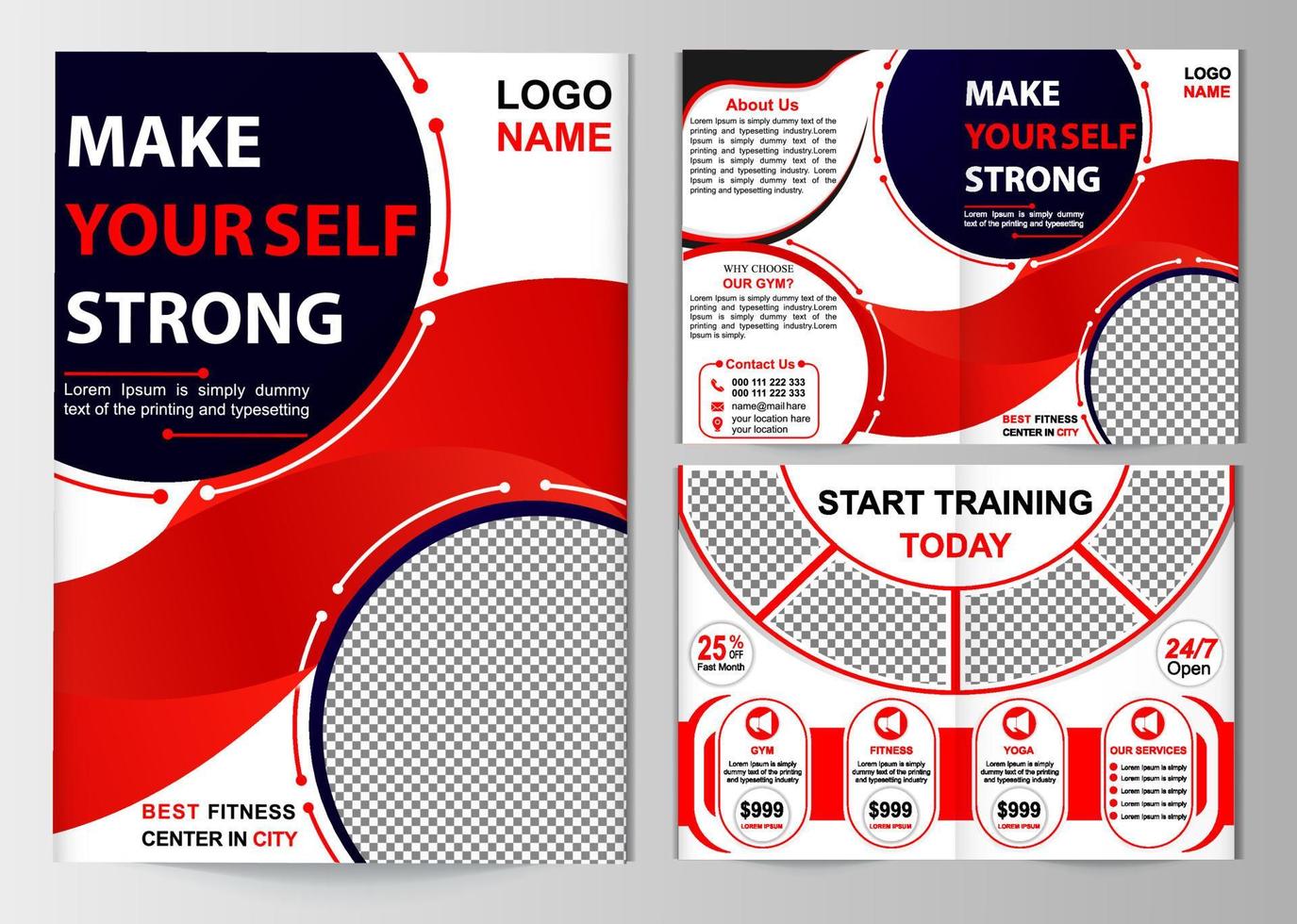 Fitness, gym tri fold brochure design template. Adapt to fitness flyer, brochure, booklet, leaflet print design. Fitness, workout, yoga, health, sports brochure design template Vector Illustration