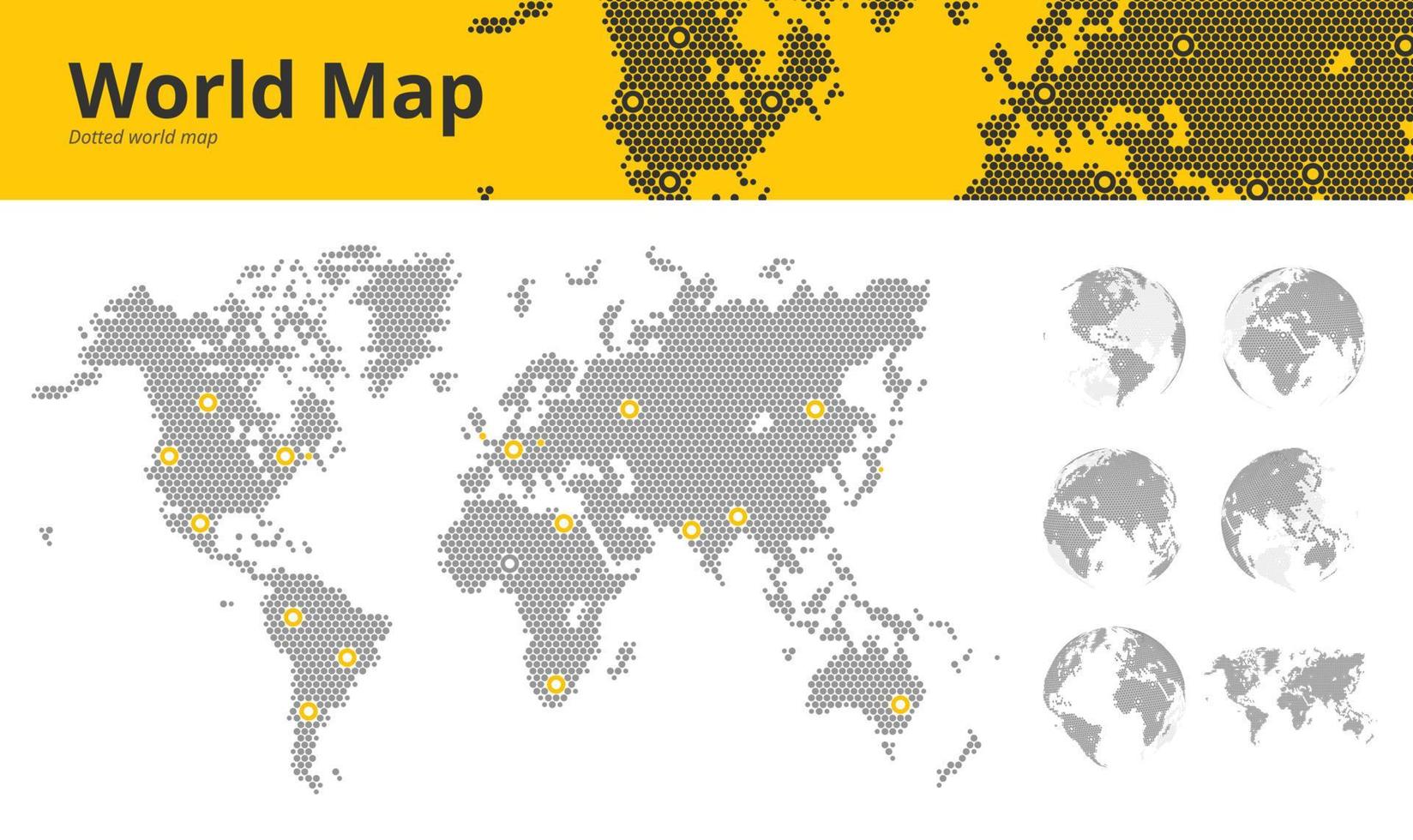 Mapa mundial con fronteras de países y globos terráqueos que muestran todos los continentes. vector