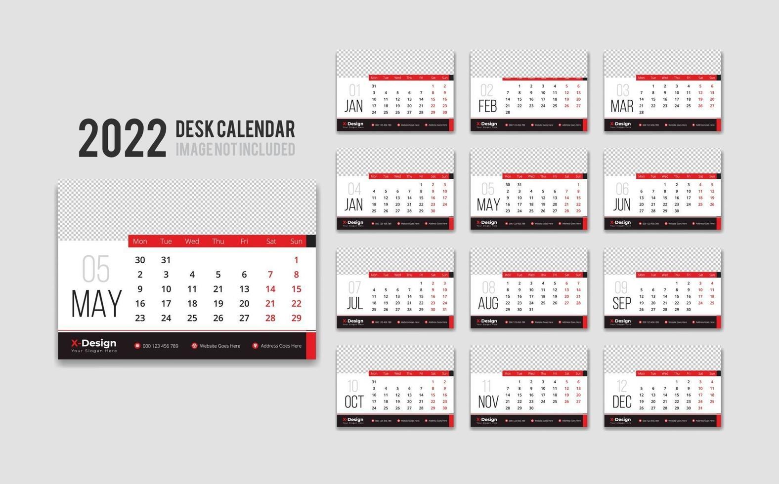 de calendario de escritorio lista para imprimir para el año 2022, calendario de oficina mensual de escritorio 2022 la semana comienza el lunes, planificador anual 3572378 Vector en Vecteezy