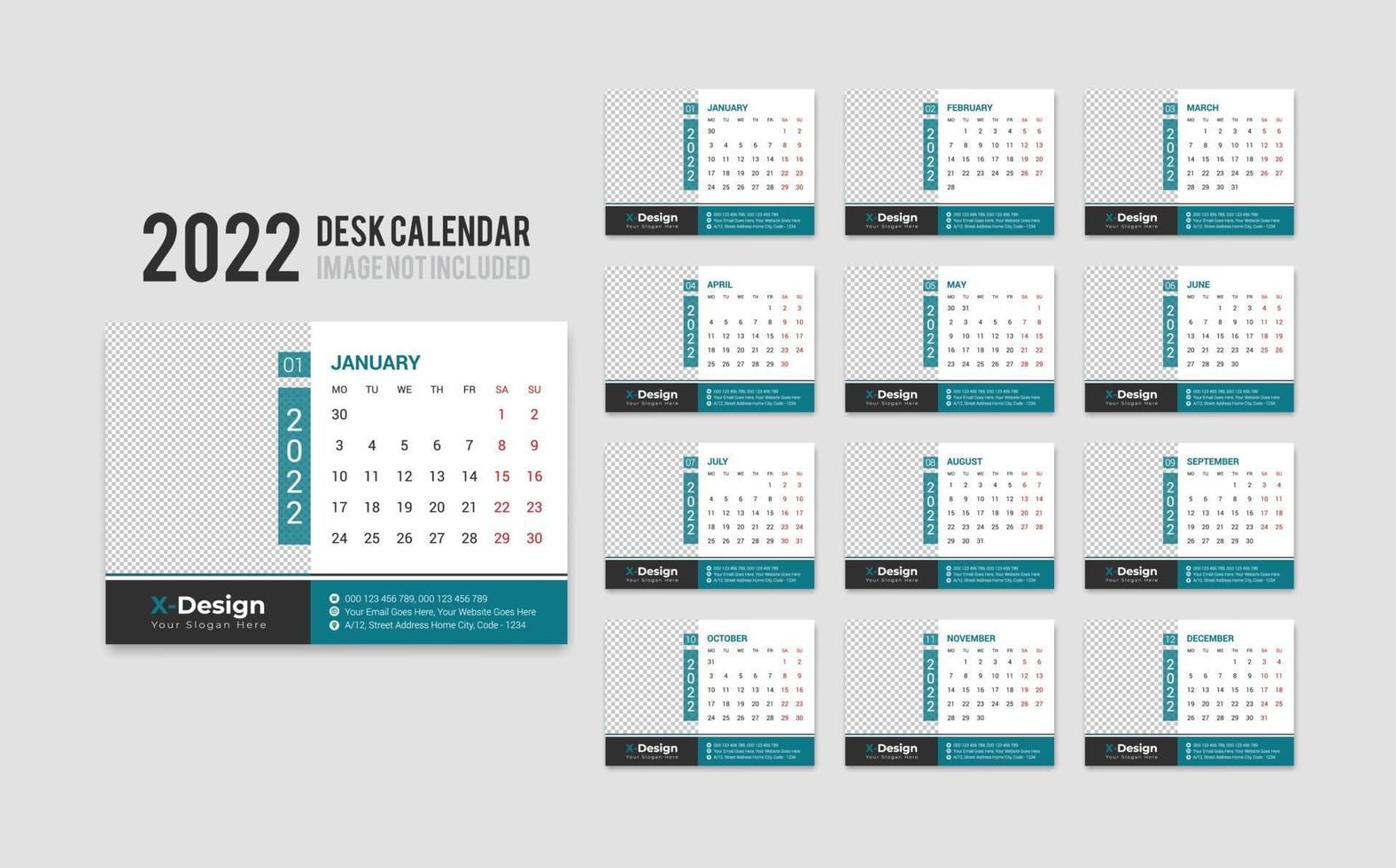 Print Ready Desk Calendar Template for 2022 Year, Desktop Monthly Office Calendar 2022 Week Starts on Monday, Yearly Planner vector