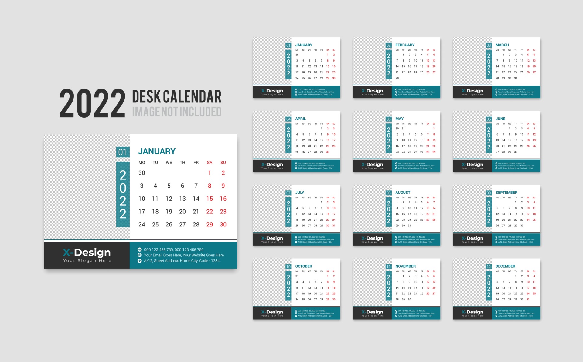 Print Ready Desk Calendar Template for 2022 Year, Desktop Monthly