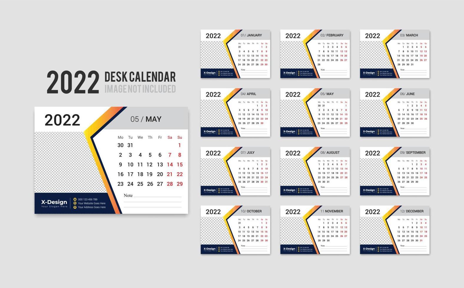 Print Ready Desk Calendar Template for 2022 Year, Desktop Monthly Office Calendar 2022 Week Starts on Monday, Yearly Planner vector