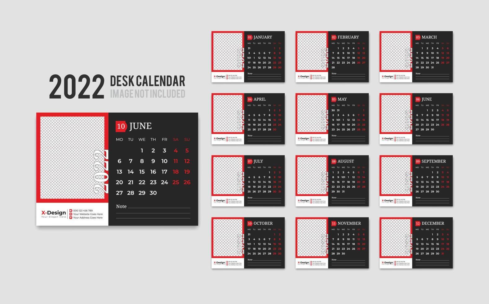 Print Ready Desk Calendar Template for 2022 Year, Desktop Monthly Office Calendar 2022 Week Starts on Monday, Yearly Planner vector