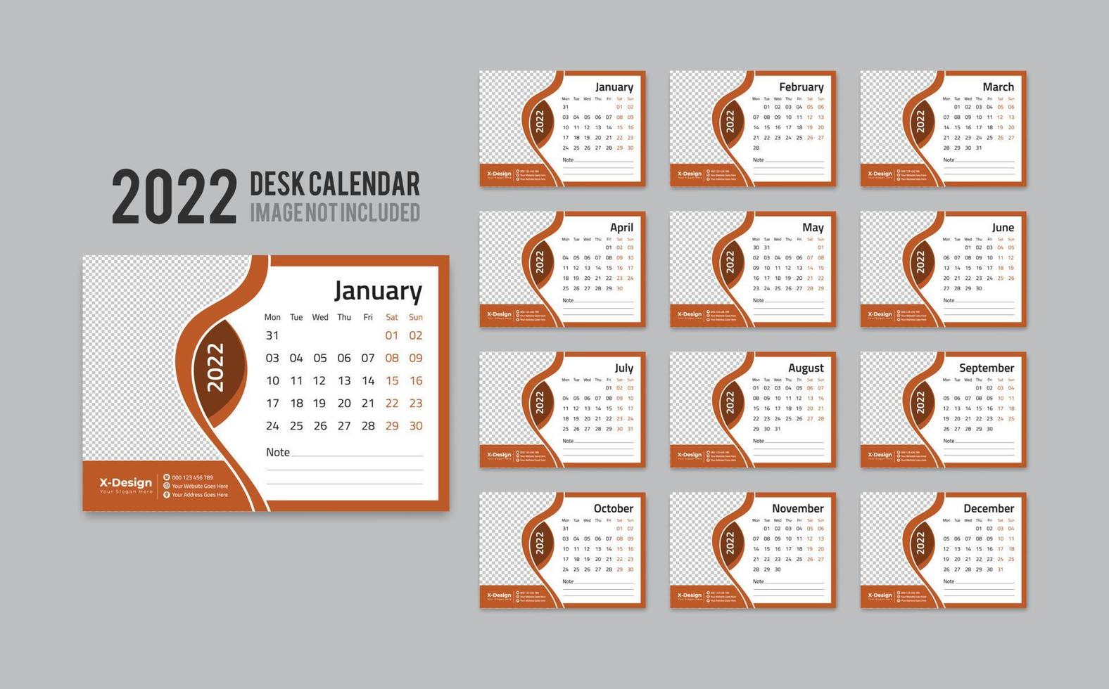 plantilla de calendario de escritorio lista para imprimir para el año 2022, calendario de oficina mensual de escritorio 2022 la semana comienza el lunes, planificador anual vector