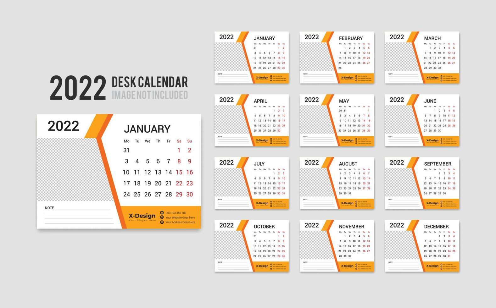 Print Ready Desk Calendar Template for 2022 Year, Desktop Monthly Office Calendar 2022 Week Starts on Monday, Yearly Planner vector
