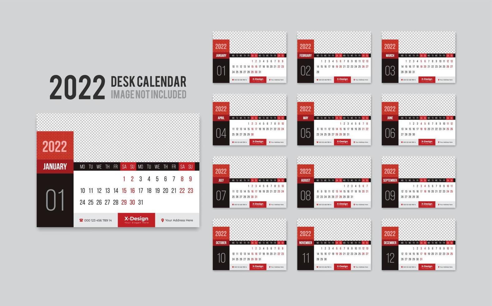 plantilla de calendario de escritorio lista para imprimir para el año 2022, calendario de oficina mensual de escritorio 2022 la semana comienza el lunes, planificador anual vector