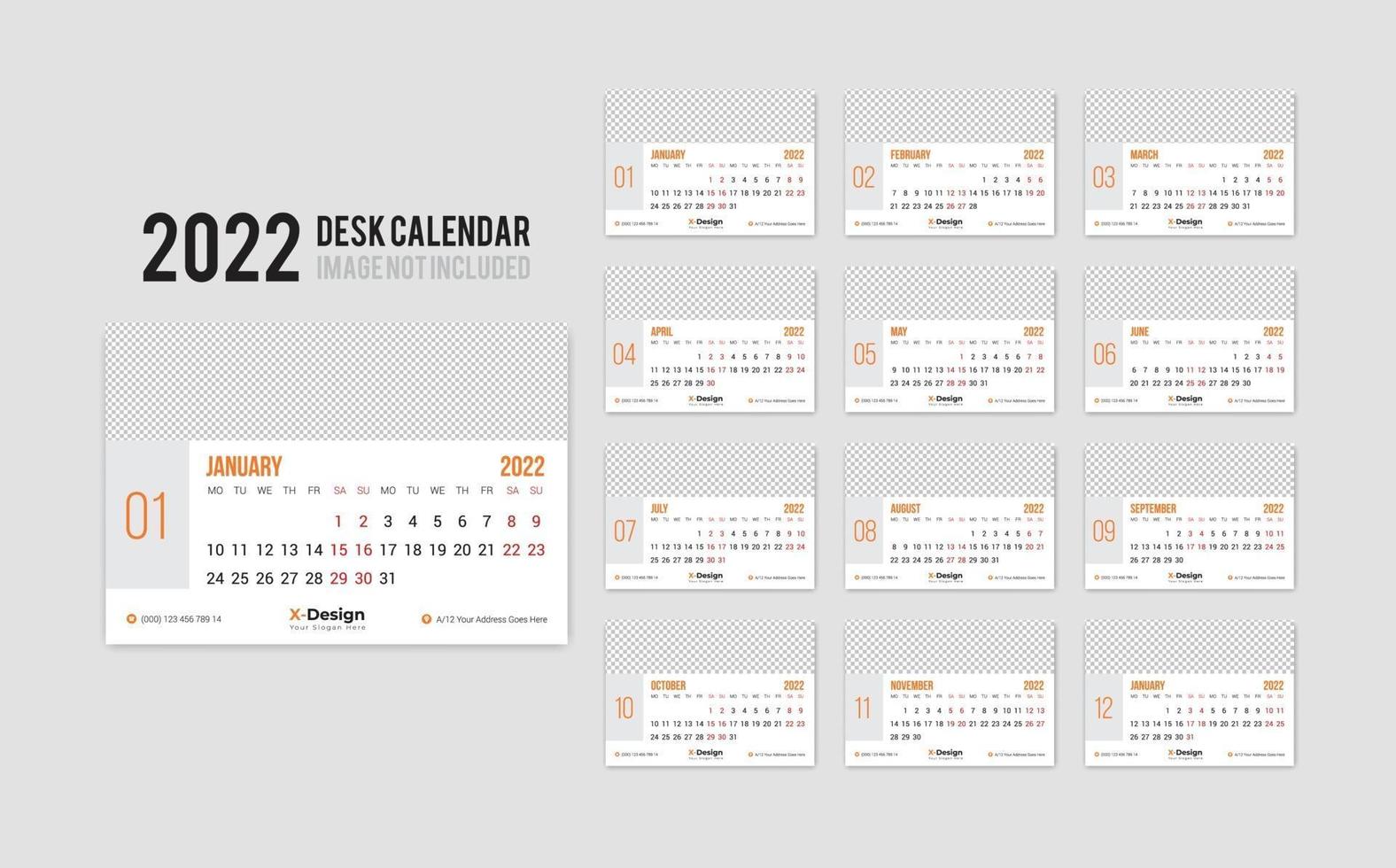 Print Ready Desk Calendar Template for 2022 Year, Desktop Monthly Office Calendar 2022 Week Starts on Monday, Yearly Planner vector