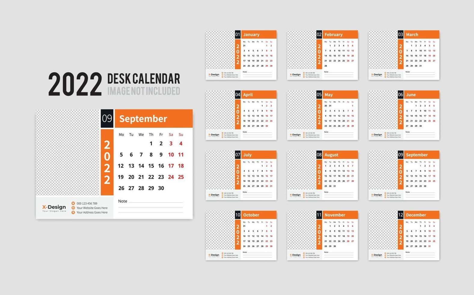 Print Ready Desk Calendar Template for 2022 Year, Desktop Monthly Office Calendar 2022 Week Starts on Monday, Yearly Planner vector