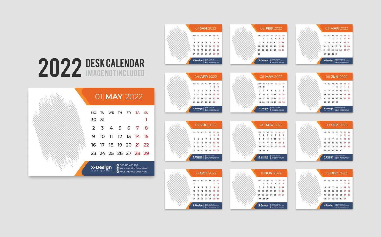 Print Ready Desk Calendar Template for 2022 Year, Desktop Monthly Office Calendar 2022 Week Starts on Monday, Yearly Planner vector