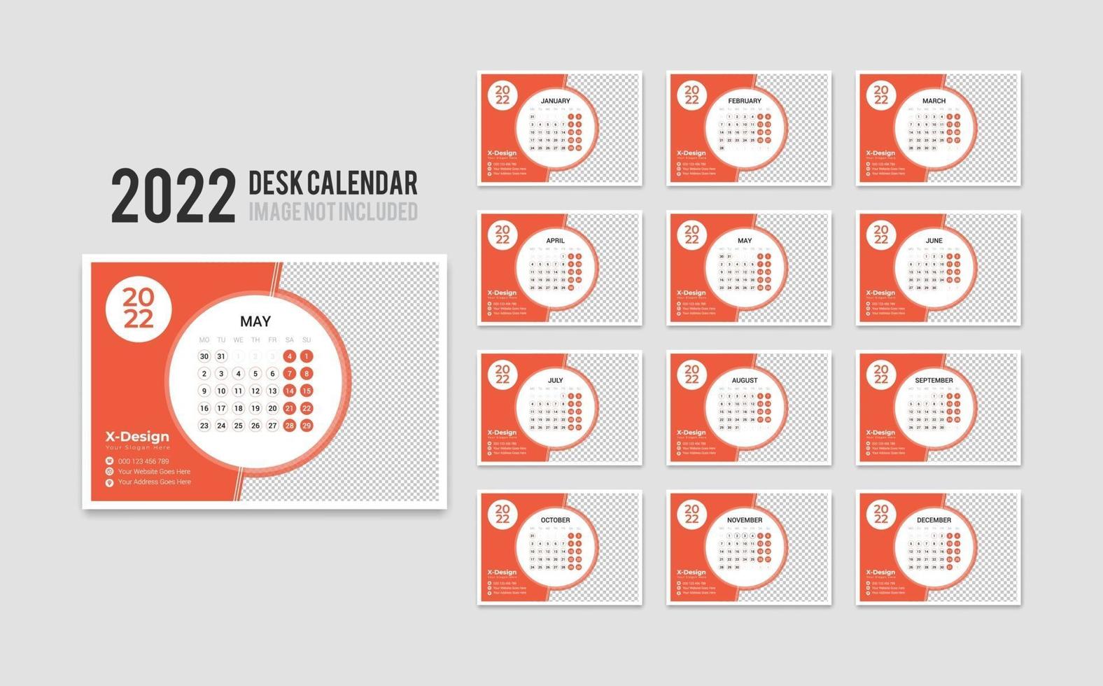 Print Ready Desk Calendar Template for 2022 Year, Desktop Monthly Office Calendar 2022 Week Starts on Monday, Yearly Planner vector