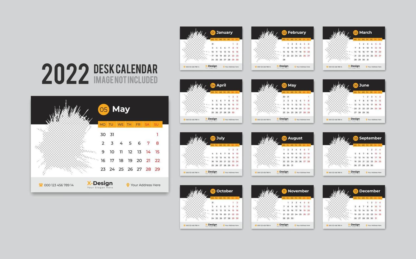 Print Ready Desk Calendar Template for 2022 Year, Desktop Monthly Office Calendar 2022 Week Starts on Monday, Yearly Planner vector