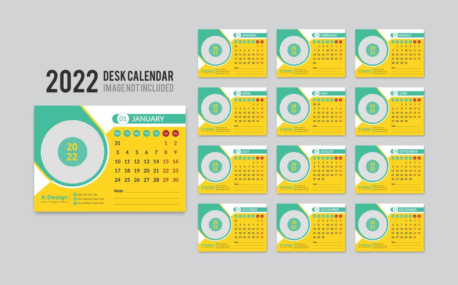 plantilla de calendario de escritorio lista para imprimir para el año 2022, calendario de oficina mensual de escritorio 2022 la semana comienza el lunes, planificador anual vector