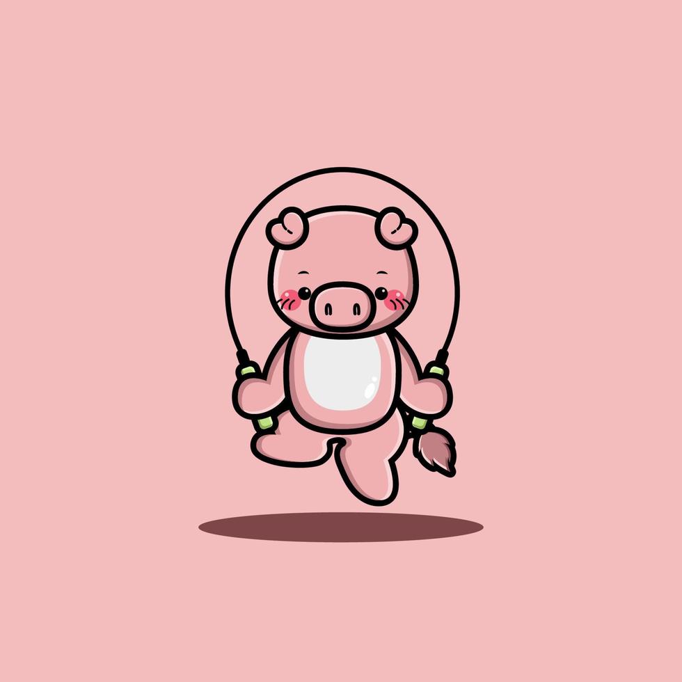 Happy cute pig play jump rope vector