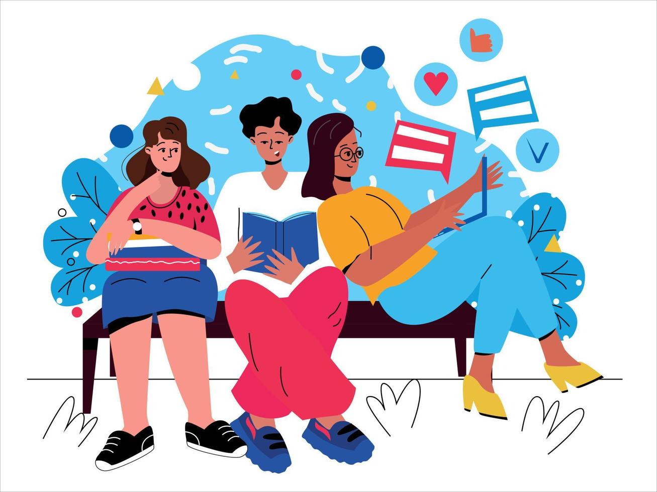 A group of friends is sitting on a bench in the park, spending time together. Men and women in the park read, work, communicate vector