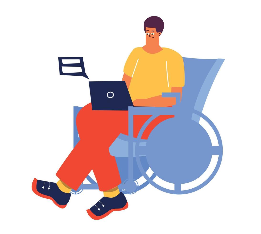 A man is sitting in a wheelchair with a laptop. A man with a disability works, studies online. Disability, fracture, people with disabilities. Vector illustration