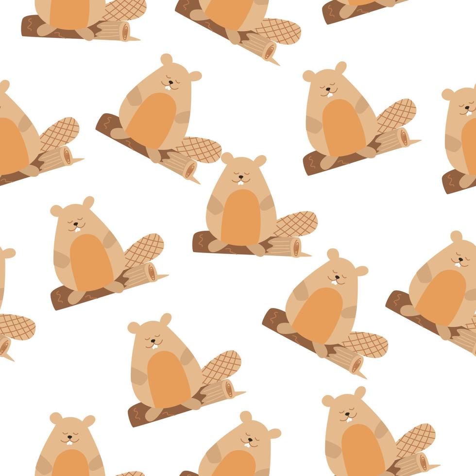 Vector seamless pattern with beavers. Children's pattern for clothing, print, packaging. Cute beaver is sitting on a tree.