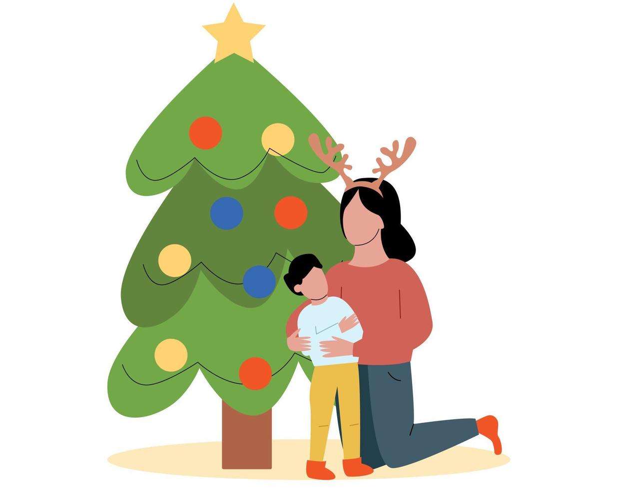 la mamá y el bebé están parados cerca del árbol de Navidad. en previsión de las vacaciones. árbol de navidad, vacaciones, mamá e hijo vector