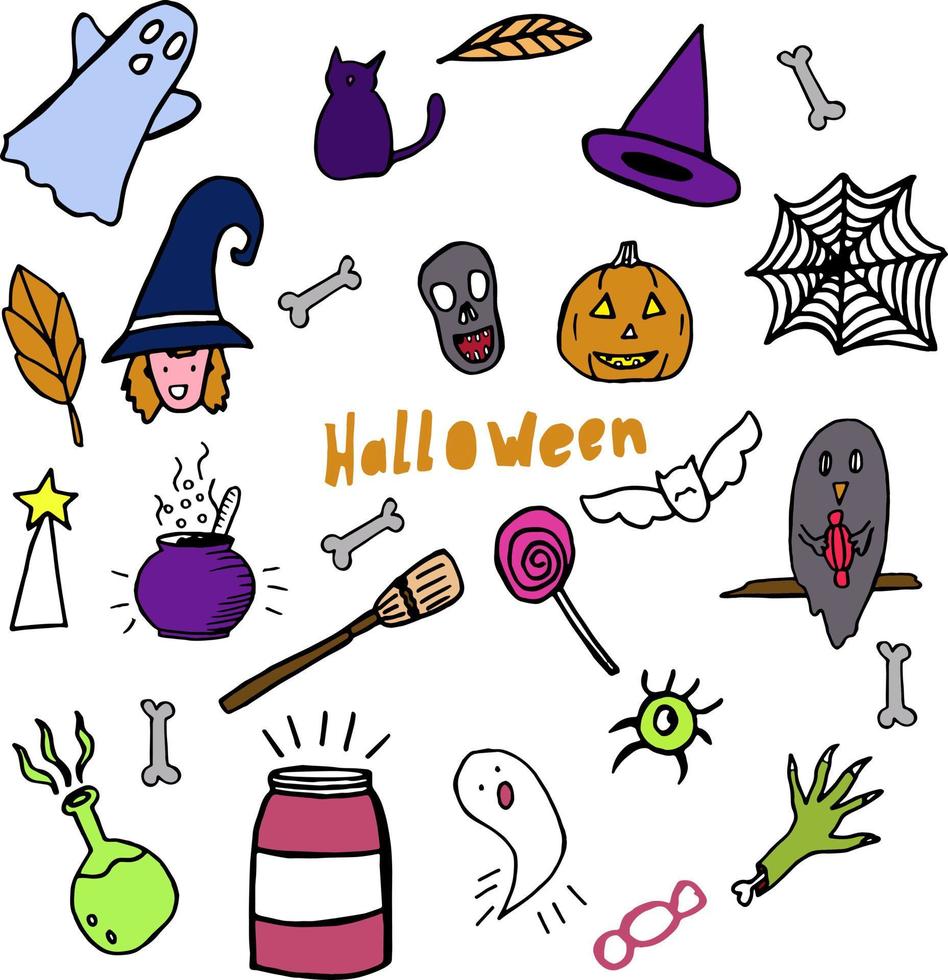 vector ambientado en el tema de halloween. hermosos garabatos brillantes en vector. para álbumes de recortes, pegatinas, postales, libros para niños