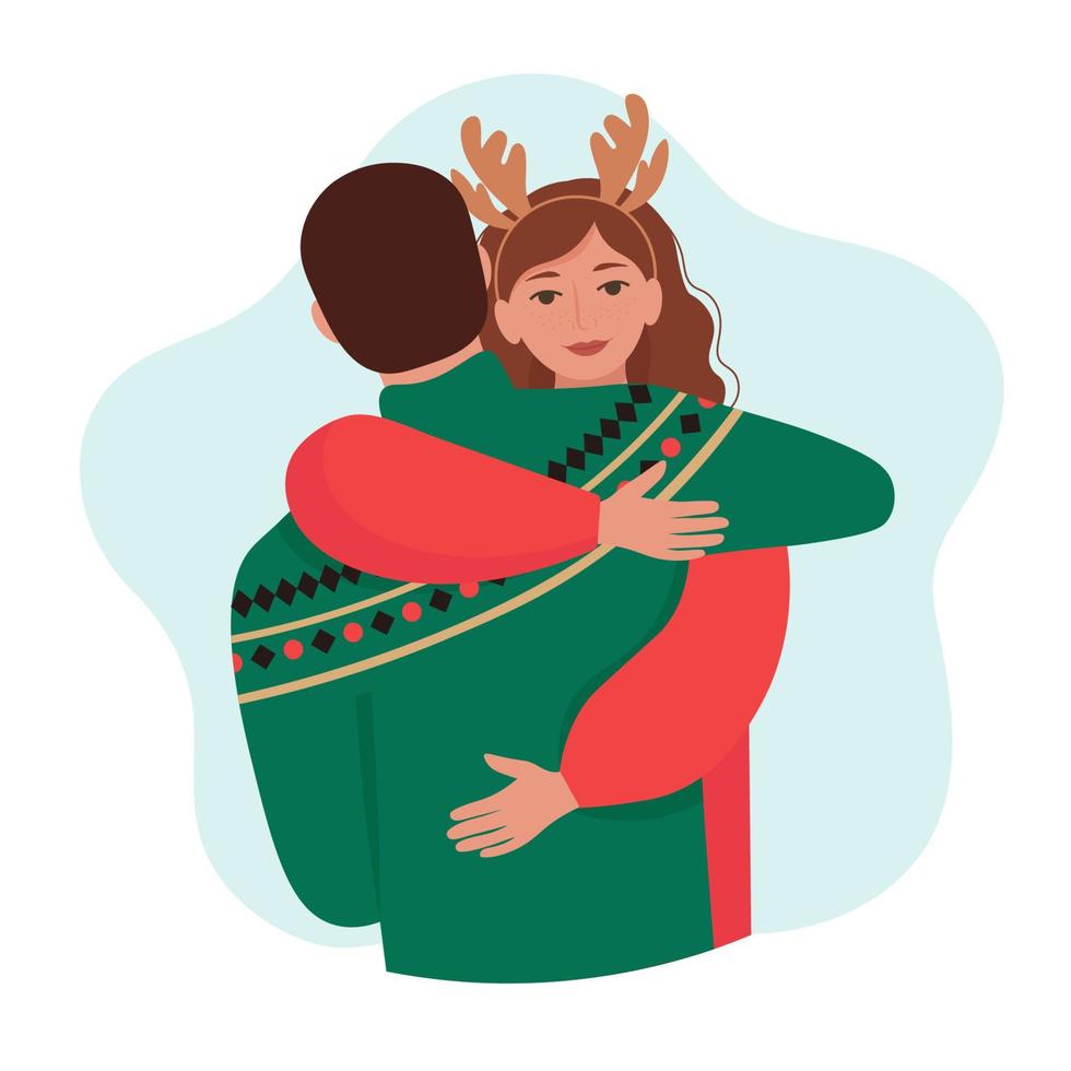 Man and woman hugging. Loving couple in warm winter clothing. Vector isolated illustration in flat style