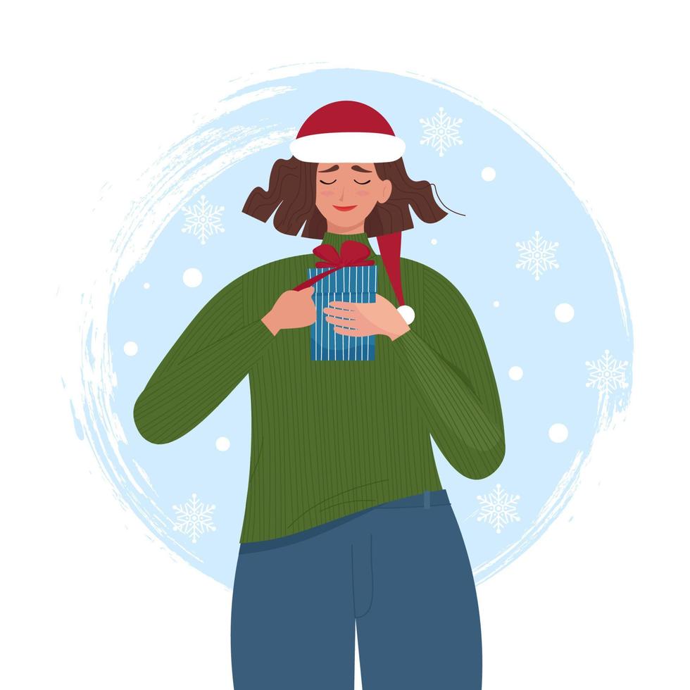 niña feliz con un sombrero de Navidad desempaqueta una caja de regalo. feliz navidad o feliz año nuevo concepto. linda ilustración vectorial en estilo plano vector